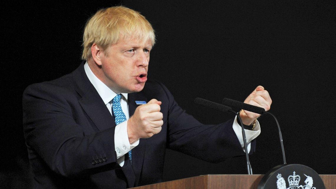 British Prime Minister Boris Johnson delivers a speech in Manchester, England.