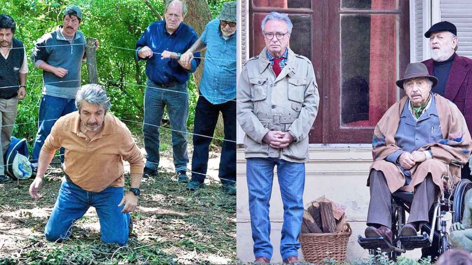 Al frente. Darín, Brandoni, Belloso y Aráoz, en La odisea de los giles, el film nacional más visto del año (izq.). Oscar Martínez, Brandoni y Marcos Mundstock, en El cuento de las comadrejas, que va segunda, en un año de butacas vacías (der.).