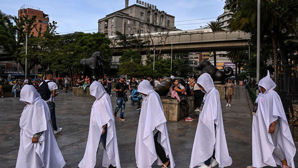 Relatives of victims take part in the commemoration of the International Day of the Disappeared in Medellin, Colombia, on August 30, 2019. According to victims, over 86.000 people disappeared during the Colombian armed conflict.