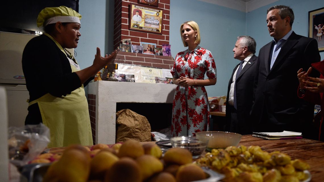 Ivanka Trump, US President Donald Trump's daughter and White House adviser, visits Graciela Cristina Alcocer's bakery and Etelvina Acevedo's "Today Pachama" clothing shop, as she visits Jujuy Province.