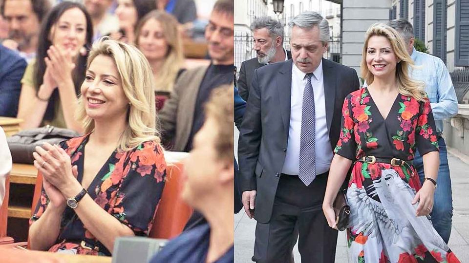 Oyente. Fabiola en medio de los españoles que participaron de una de las charlas de Fernández (izq.). Juntos. Con Alberto, saliendo del Parlamento en Madrid, después de acompañarlo en una charla (der.).