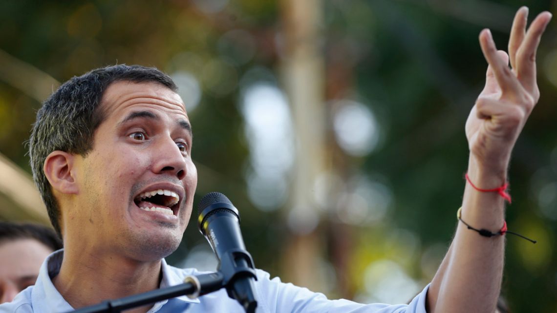 Venezuela's National Assembly President and self proclaimed interim President Juan Guaidó speaks during a rally at the Municipality of El Hatillo, Caracas, Venezuela.