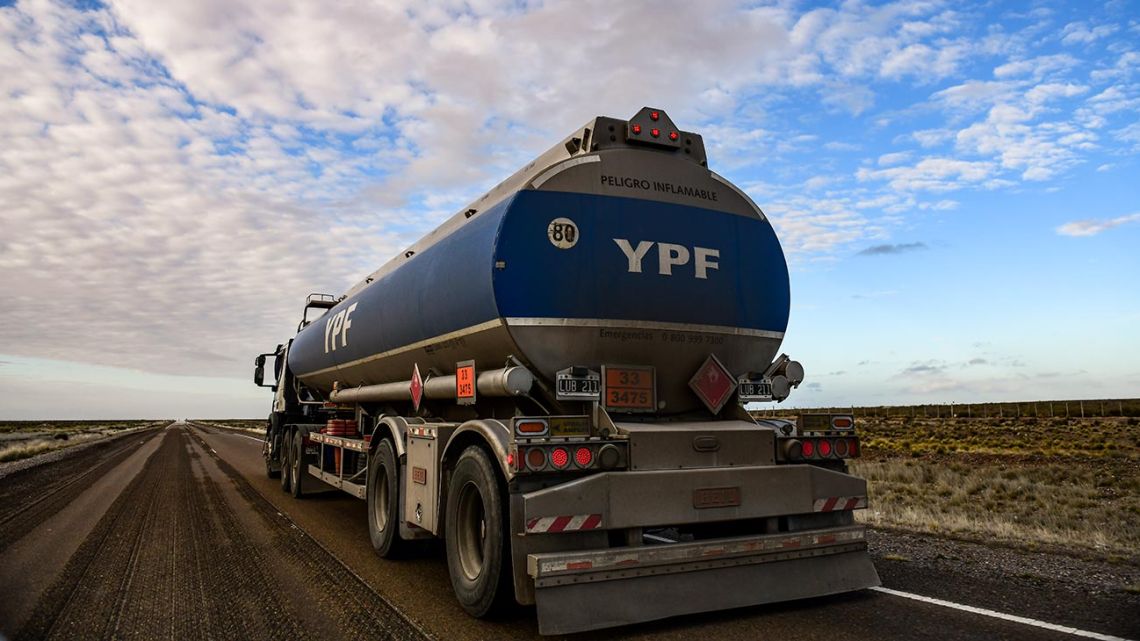 View of a tank truck from state-run energy company YPF on a road near Comodoro Rivadavia, in the Patagonian province of Chubut.