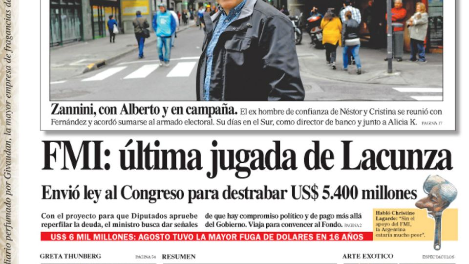 La tapa del diario PERFIL del sábado 21 de septiembre de 2019.
