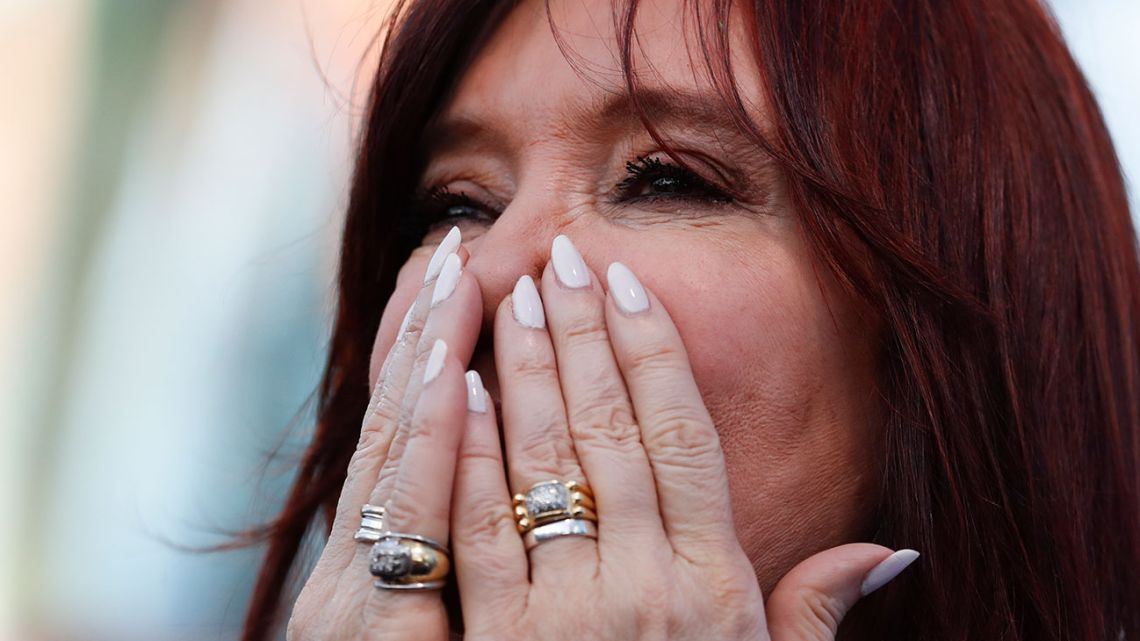 Former president Cristina Fernández de Kirchner gestures during the presentation of her book in La Matanza on Saturday. 