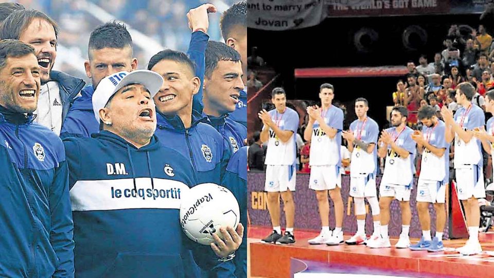 Contraste deportivo. Diego Maradona en La Plata, la selección de básquet en Beijing.