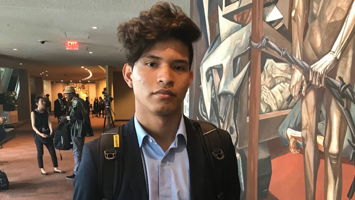 Bruno Rodríguez, 19, the leader of the Fridays for Future movement in Argentina, attends the first United Nations Youth Climate Summit on September 21, 2019 in New York City.