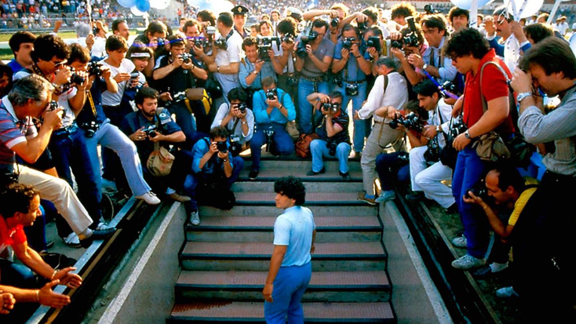 This image released by HBO shows Diego Maradona in Naples, in a scene from the documentary 'Diego Maradona.'