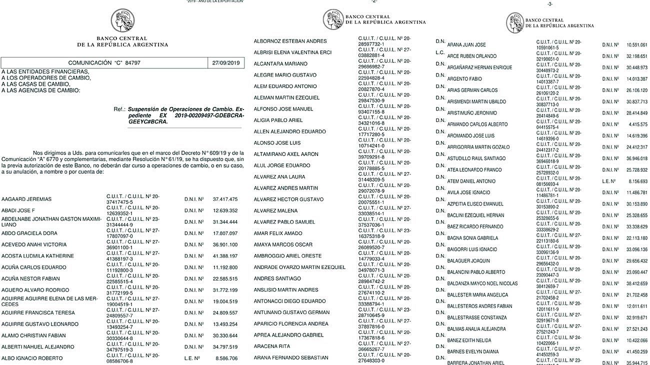 Datos. La comunicación a entidades financieras ordena frenar las operaciones y no transferir al exterior.