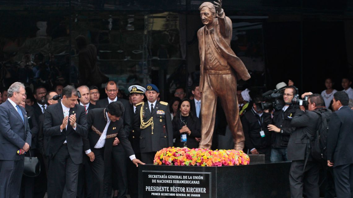 In this file photo taken on December 5, 2014, leaders from the South American bloc UNASUR pose after unveiling a statue in honour of late Argentine president Néstor Kirchner during the inauguration of UNASUR's headquarters, in Quito. 