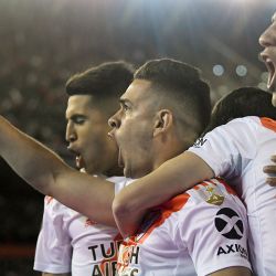 Rafael Santos Borré of River Plate celebrates scoring his side's first goal against Boca Juniors during the Copa Libertadores semi-final first leg at the Monumental in Buenos Aires on Tuesday, October 1, 2019. 
