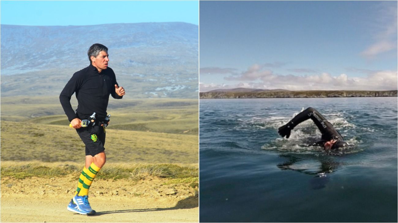 Izquierda. Alejandro Gabriel Scomparin recorrió en 6 días, 250 kilómetros en Malvinas. Derecha. Agustín Barletti unió a nado unió a nado las dos islas Malvinas por el estrecho de San Carlos en poco más de dos horas y con el agua a dos grados de temperatura.