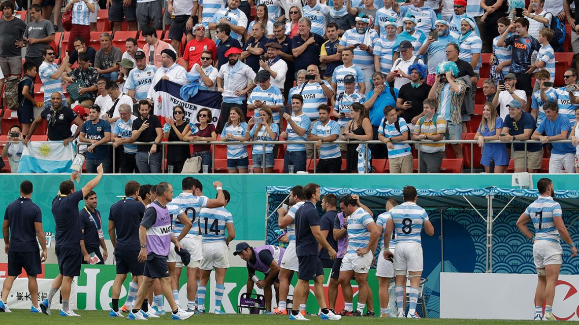 Argentina are greeted by the crowd after winning 28-12 against Tonga during the Rugby World Cup Pool C game at Hanazono Rugby Stadium in Osaka, Japan.
