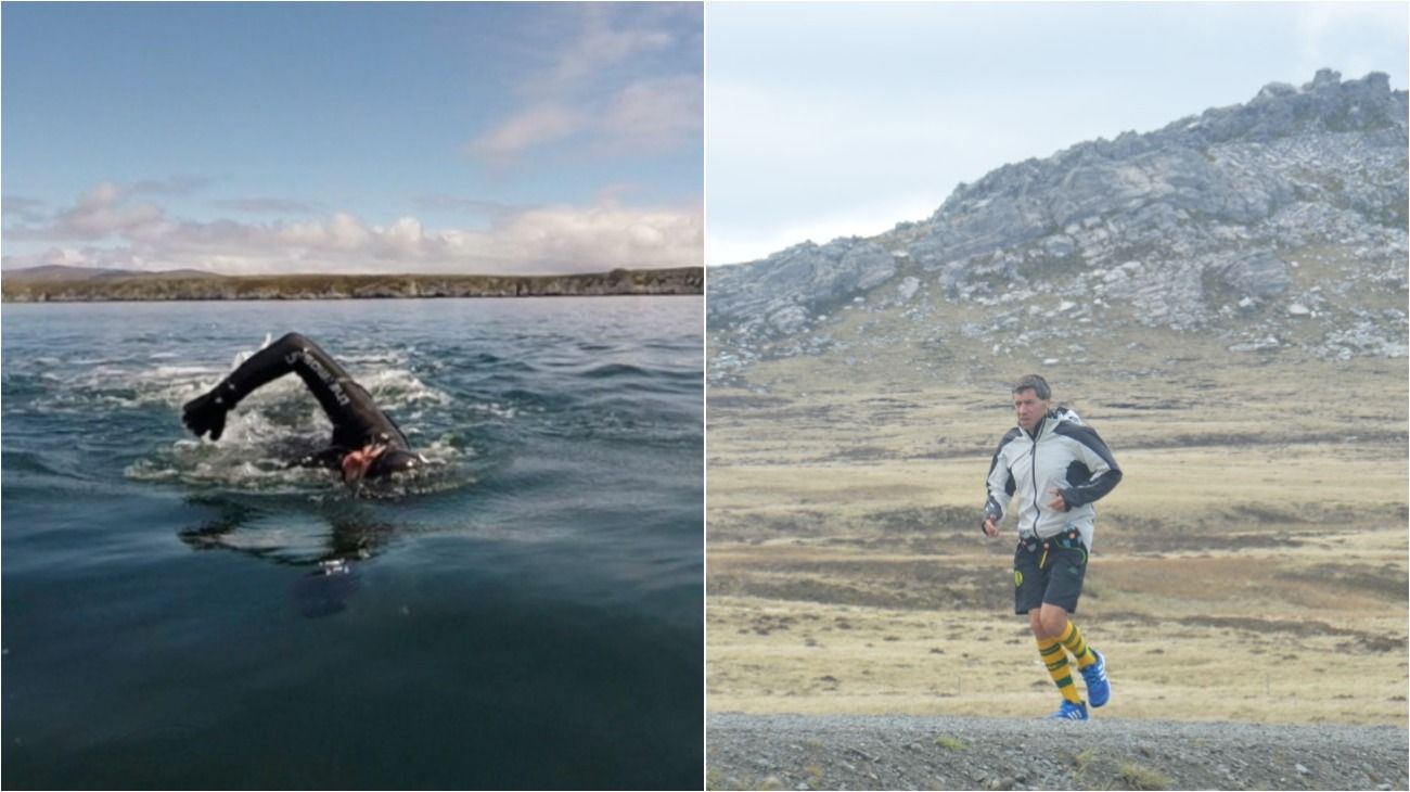 Izquierda. Agustín Barletti unió a nado unió a nado las dos islas Malvinas por el estrecho de San Carlos en poco más de dos horas y con el agua a dos grados de temperatura. Derecha. Alejandro Gabriel Scomparin recorrió en 6 días, 250 kilómetros en Malvinas. 