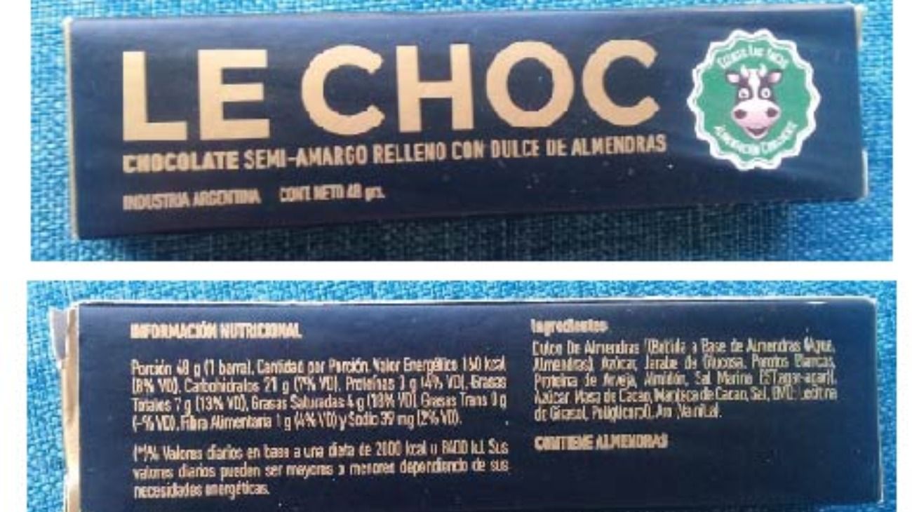 Chocolate semiamargo relleno con dulce de almendras marca Le Choc, fue el producto prohibido por la ANMAT.