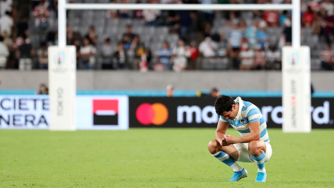 Argentina's Matías Moroni reacts following his team's loss to England in their Rugby World Cup Pool C game at Tokyo Stadium in Tokyo, Japan, Saturday, Oct. 5, 2019. England defeated Argentina 39-10. 