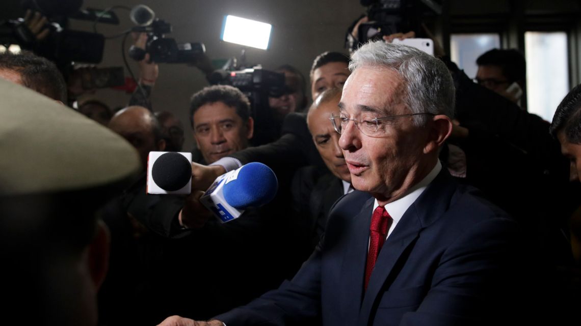 Senator and former president Álvaro Uribe arrives to the Supreme Court to testify in a case involving alleged witness tampering, in Bogotá, Colombia.