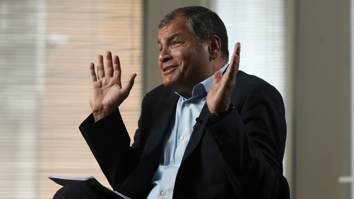 Former Ecuador president Rafael Correa gestures during an interview in Brussels, Belgium on Thursday, October 10, 2019.