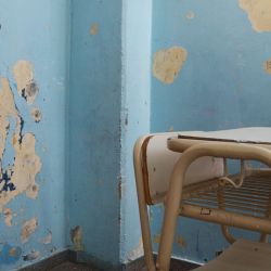 Damaged walls within a classroom at Escuela 728, a technical school occupied for over a month by students in the city of Puerto Madryn in Chubut province. 