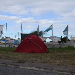 A tent at a teacher encampment stands in front of Chubut's provincial legislature in the capital city of Rawson.