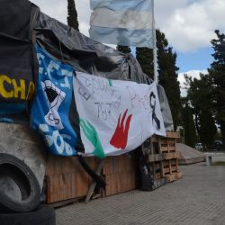 An encampment built by teachers stands in front of the provincial legislature of Chubut in the capital city of Rawson.