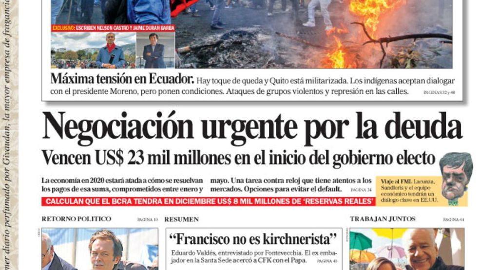 La tapa del Diario PERFIL de este domingo 13 de octubre de 2019.
