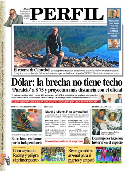 La tapa del Diario PERFIL del sábado 19 de octubre de 2019.