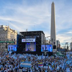 People attend the '#SíSePuede' campaign rally by President Mauricio Macri and his running-mate Miguel Ángel Pichetto in front of the Obelisk on Avenida 9 de Julio in Buenos Aires.