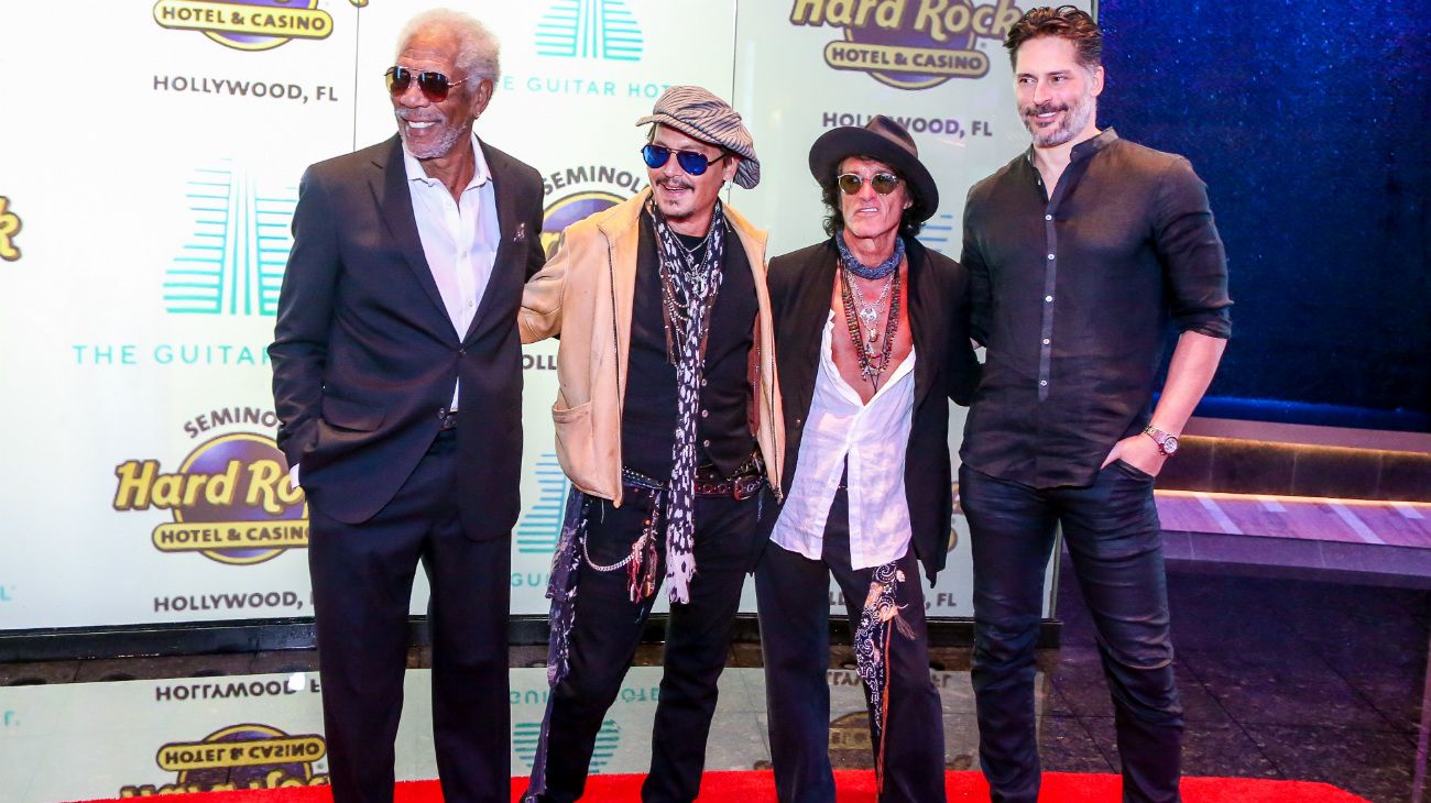 Morgan Freeman, Johnny Depp, Joe Perry y Joe Manganiello en la inauguración del Hard Rock Hotel