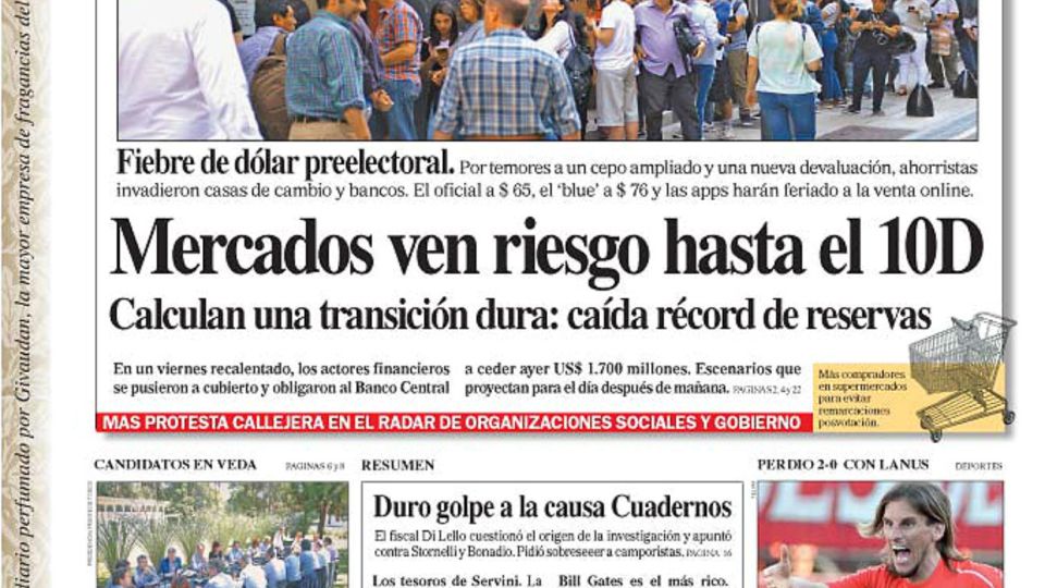 La tapa del Diario PERFIL del sábado 26 de octubre de 2019.