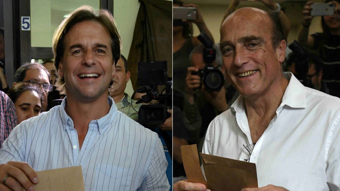 This combination of pictures created on October 27, 2019 shows the presidential candidate for Uruguay's National Party, Luis Lacalle Pou (L) at a polling station in Canelones, Canelones Department, and the presidential candidate for Uruguay's leftist governing coalition Broad Front, Daniel Martínez, at a polling station in Montevideo during the country's general election. 