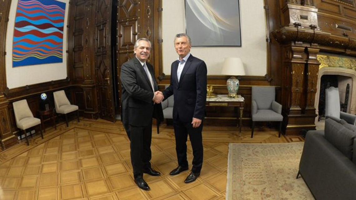 President Mauricio Macri and President-Elect Alberto Fernández, pictured during their meeting at the Casa Rosada this morning.