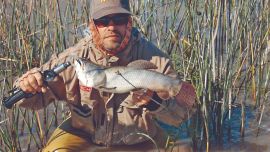 El autor muestra un ejemplar pescado entre los juncos.