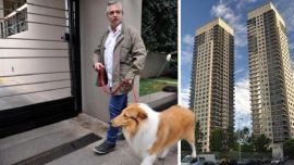 Alberto Fernández y Dylan en la puerta de la torre River View de Puerto Madero.