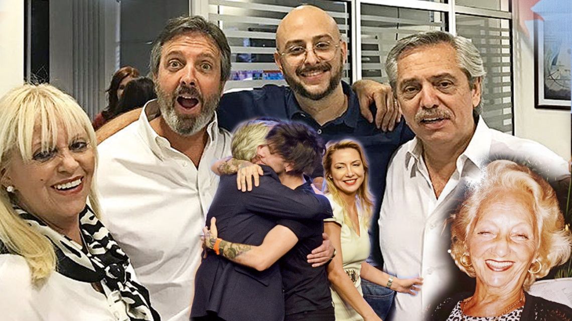 Los hermanos "Piky" y Pablo y su sobrino Manuel, junto a Alberto Fernández. (debajo) El abrazo con su hijo y, detrás de ambos, Fabiola, su actual pareja. La madre de Alberto, Celia. | Foto:cedoc