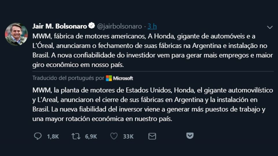 El mensaje de Bolsonaro en Twitter, que luego eliminó.