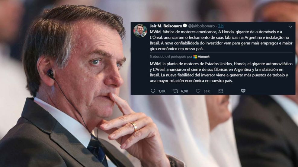 Jair Bolsonaro publicó un mensaje en Twitter sobre la industria argentina que luego borró.