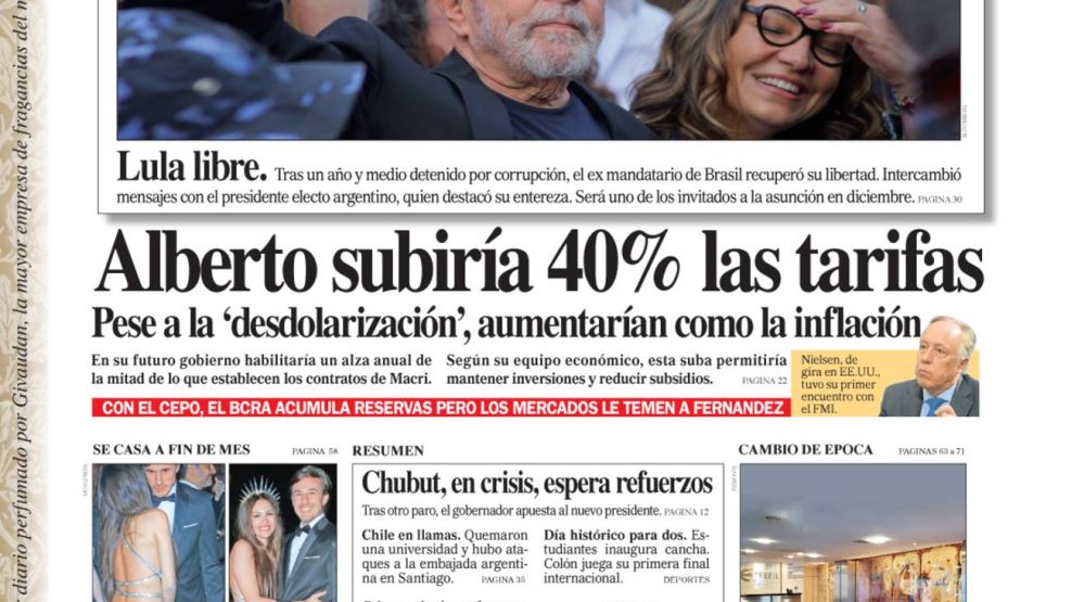 La Tapa de Diario PERFIL sábado 9 de noviembre de 2019.