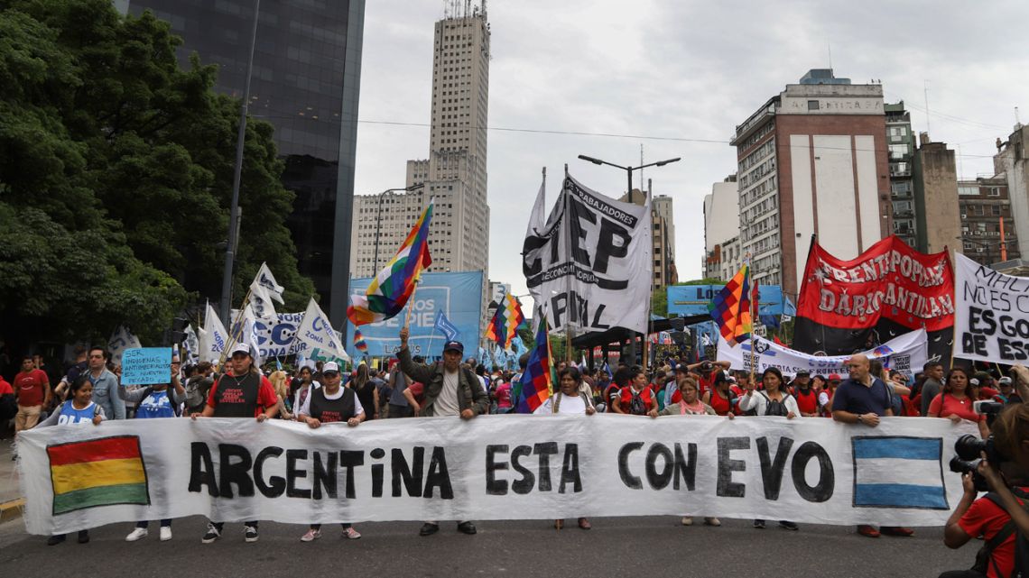 Demonstrators march on the Bolivian Embassy in Buenos Aires.