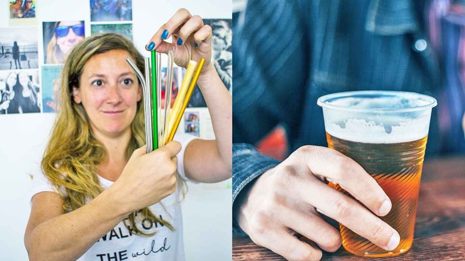 Sustentables. En el país ya se comercializan sorbetes de metal, acero, vidrio o bambú (izq.). Los vasos descartables, los próximos.