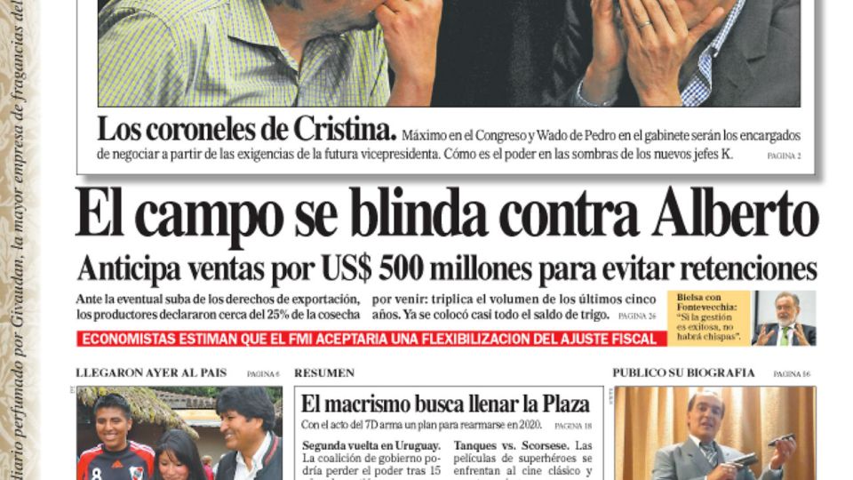 La tapa del Diario PERFIL del domingo 24 de noviembre de 2019.