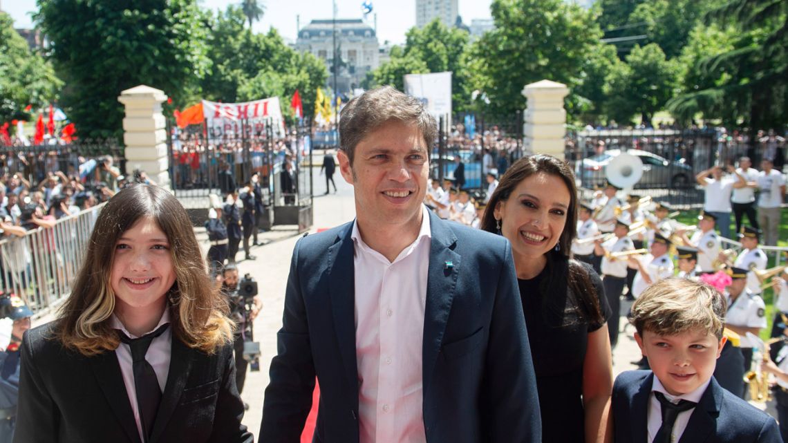 Buenos Aires Province Governor Axel Kicillof, accompanied by his family, arrives at Government House in La Plata for his inauguration ceremony.