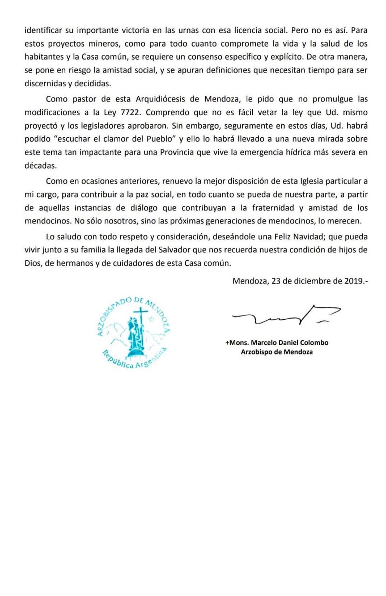 Carta del Arzobispo de Mendoza al gobernador Suárez por la ley en defensa del agua.