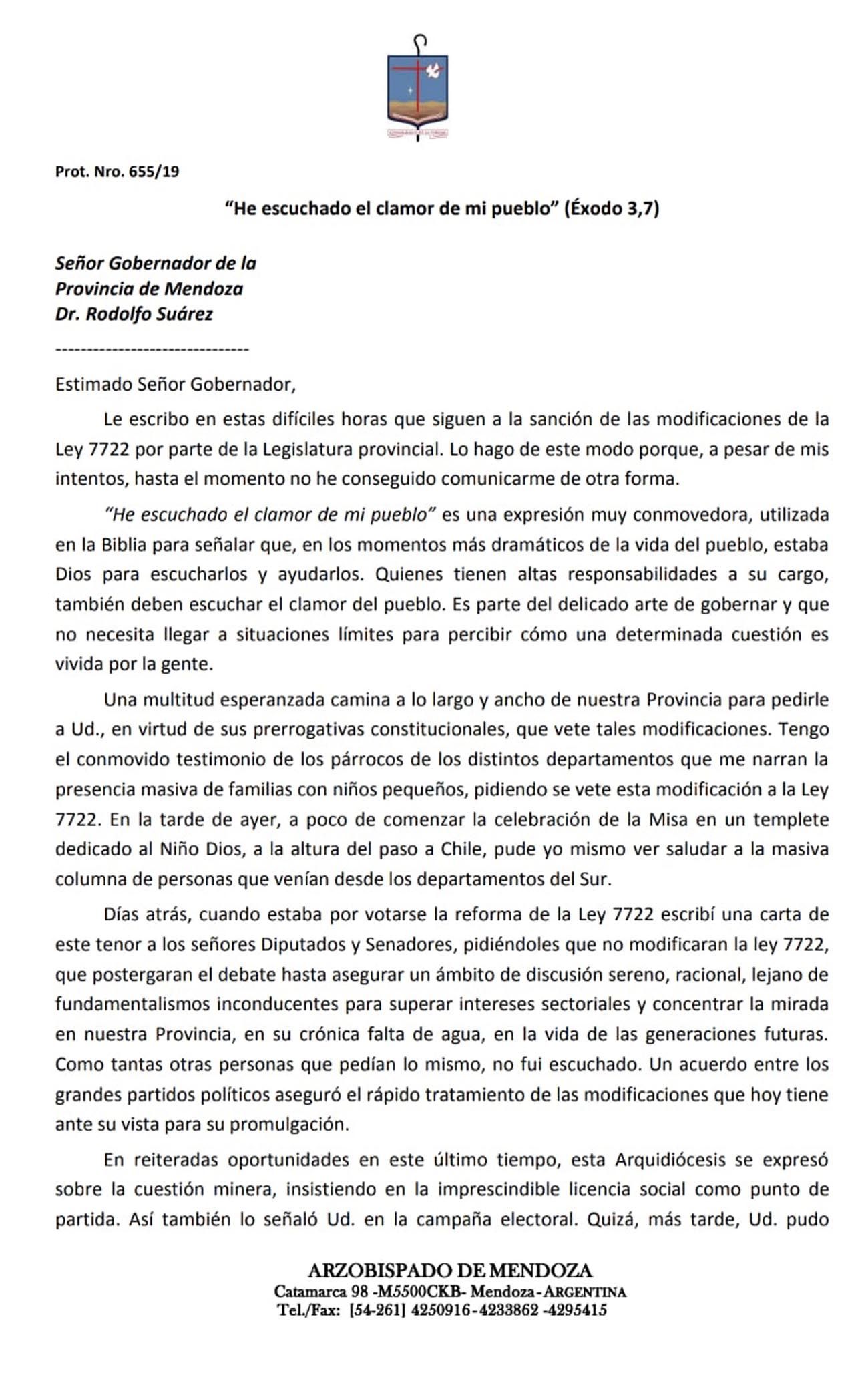 Carta del Arzobispo de Mendoza al gobernador Suárez por la ley en defensa del agua.