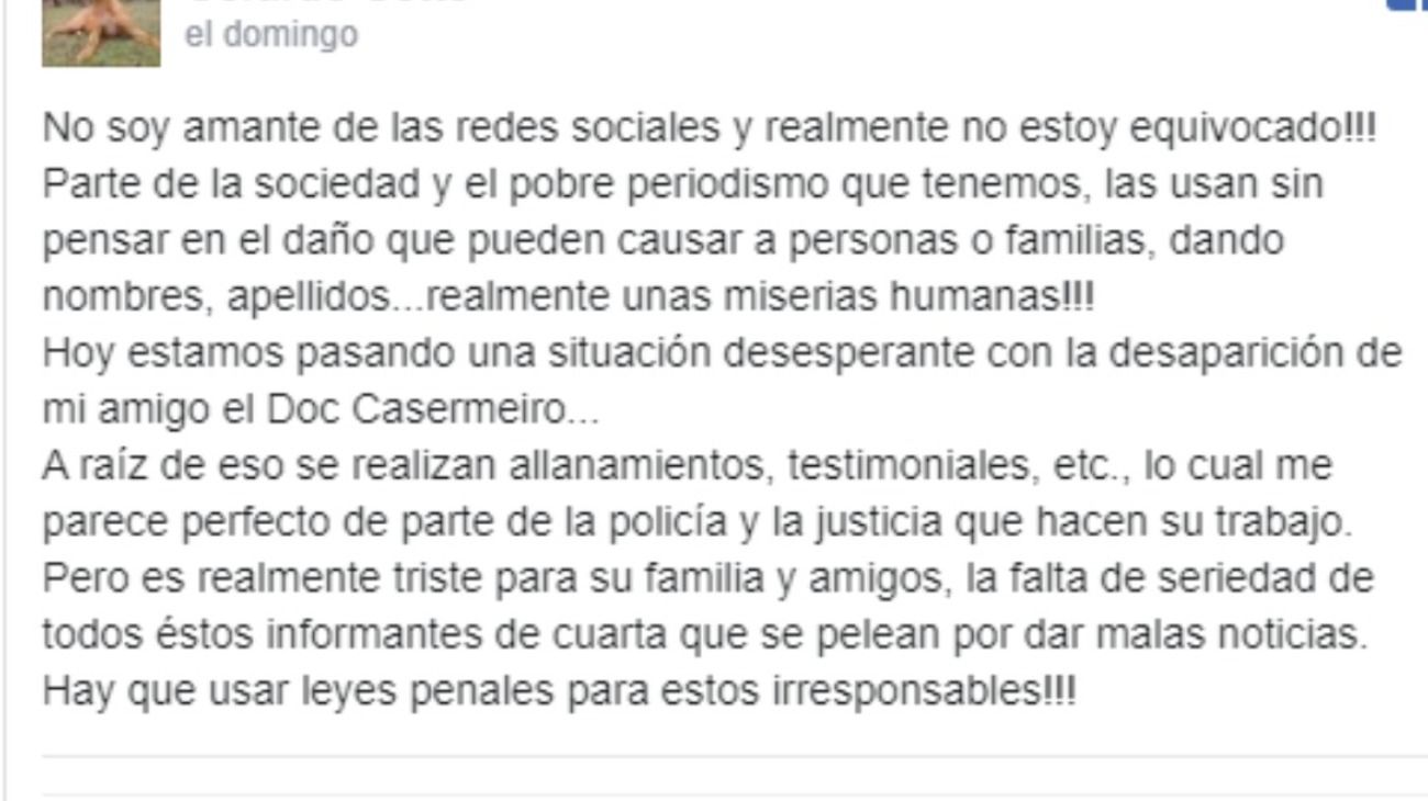 El mensaje que publicó el domingo el ahora sospechoso por el crimen del médico de 61 años. 