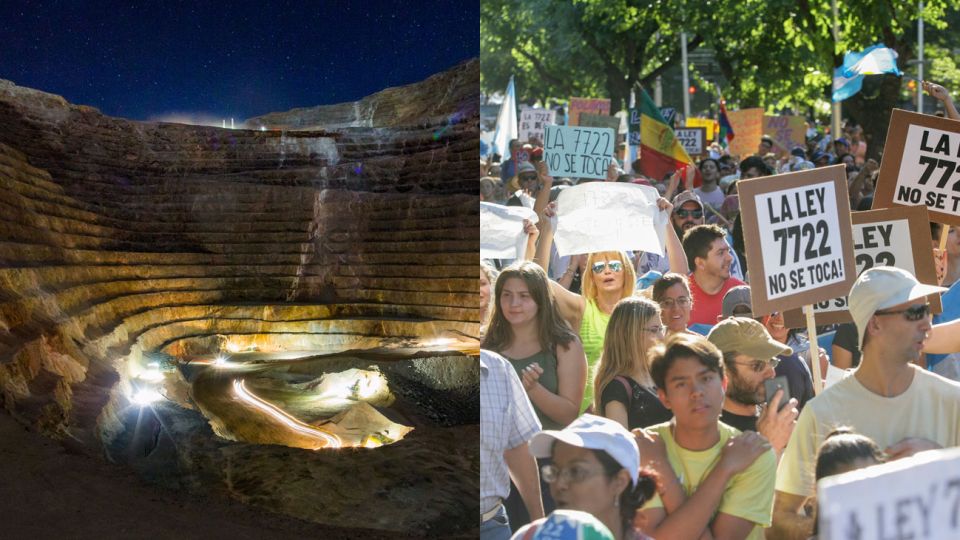 CONTRASTE. Una imagen de la mina Veladero en San Juan. Protestas contra la minería en Mendoza.