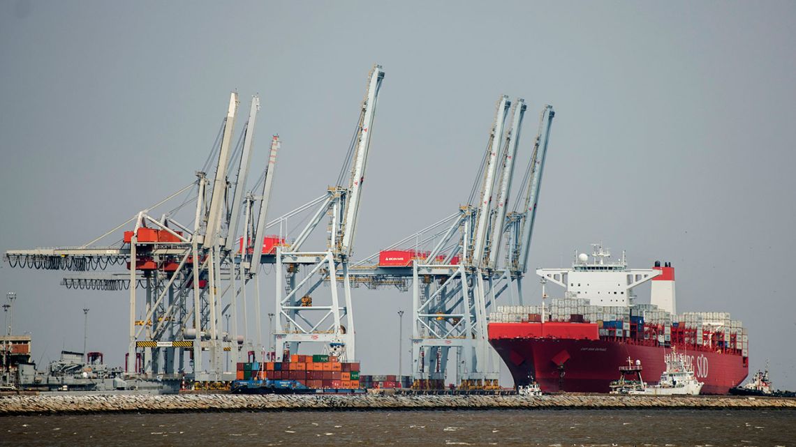 A container ship is docked in the South Atlantic port of Montevideo, Uruguay. 