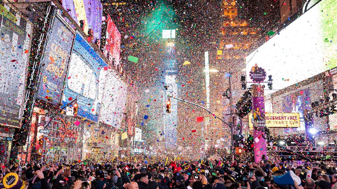 Confetti falls at midnight on the Times Square New Year's Eve celebration, Wednesday, January 1, 2020, in New York.