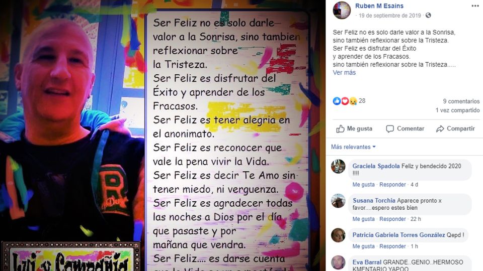 Rubén Esains, en su último y optimista posteo de Facebook, el 29 de diciembre.