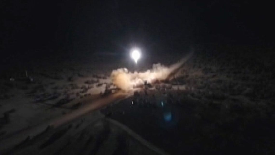 An image grab from footage obtained from the state-run Iran Press news agency on January 8, 2020 allegedly shows rockets launched from the Islamic republic against the US military base in Ein-al Asad in Iraq.